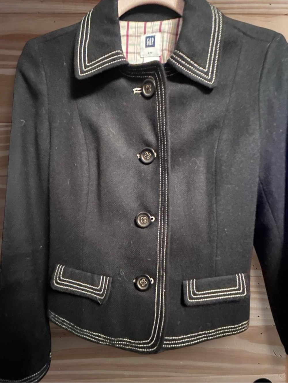 GAP Jacket Black Wool Blend Collared White Stitch Trim Pockets Lined Size 2. - Picture 5 of 6